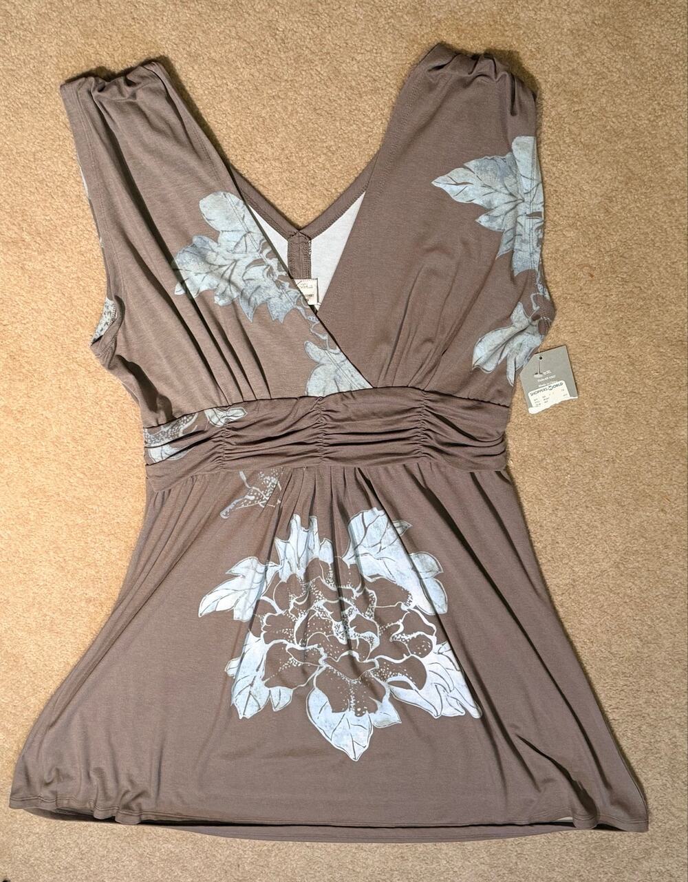 Victoria Womens XL Top Brown Floral V-Neck Sleeveless Empire Waist NWT Stretch